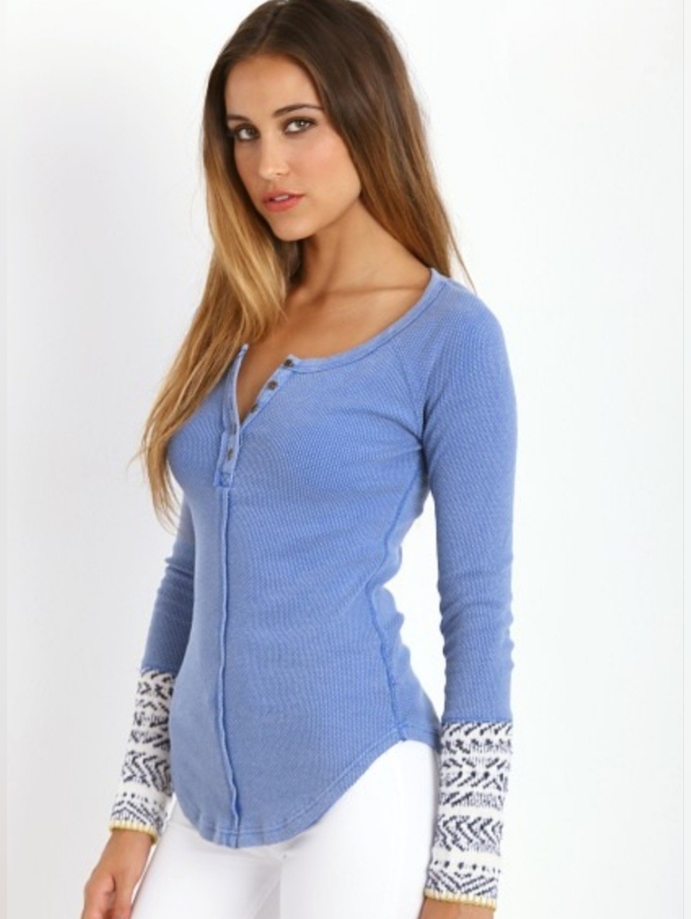 Free People Alpine Cuff Distressed Blue Henley Thermal Top